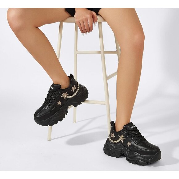Women's Chunky Sneakers Platform Leather Casual Shoes Wedge Sports Black Chain - Picture 6 of 9